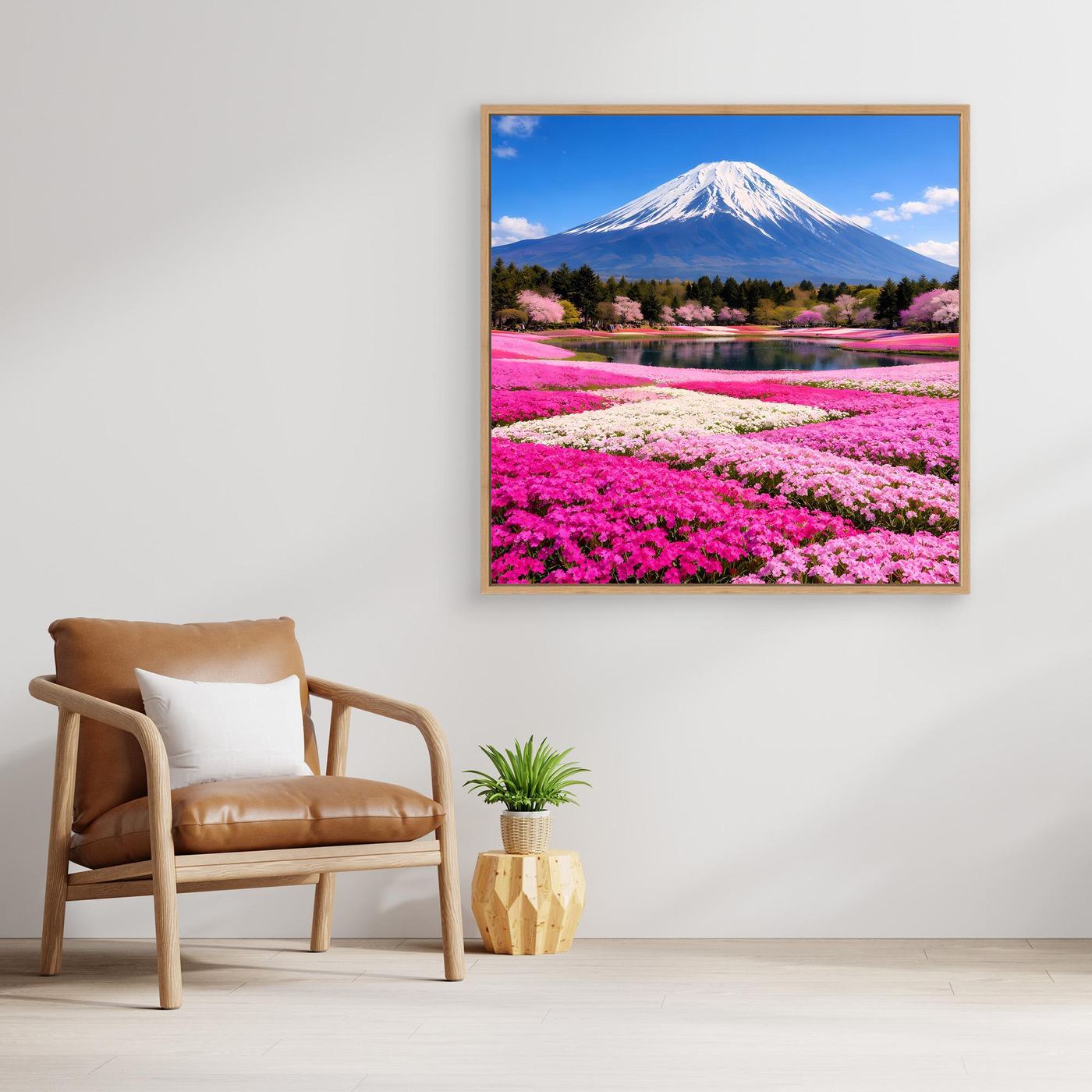 Leinwandbild mit Fuji-Berg, Kirschblüten und pinken Blumenreihen am Ufer