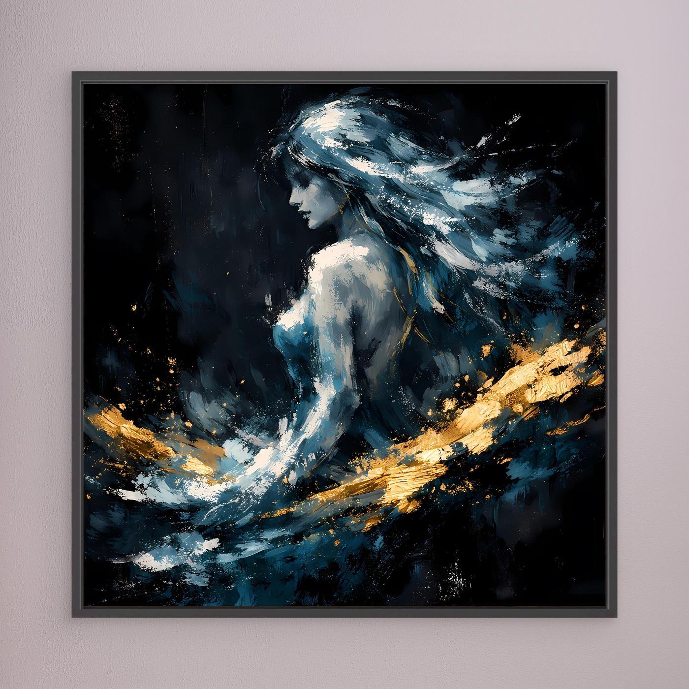 Leinwand Mystische Frauen-Figur in Blau und Gold | Modernes Abstraktes Fantasie Wandbild