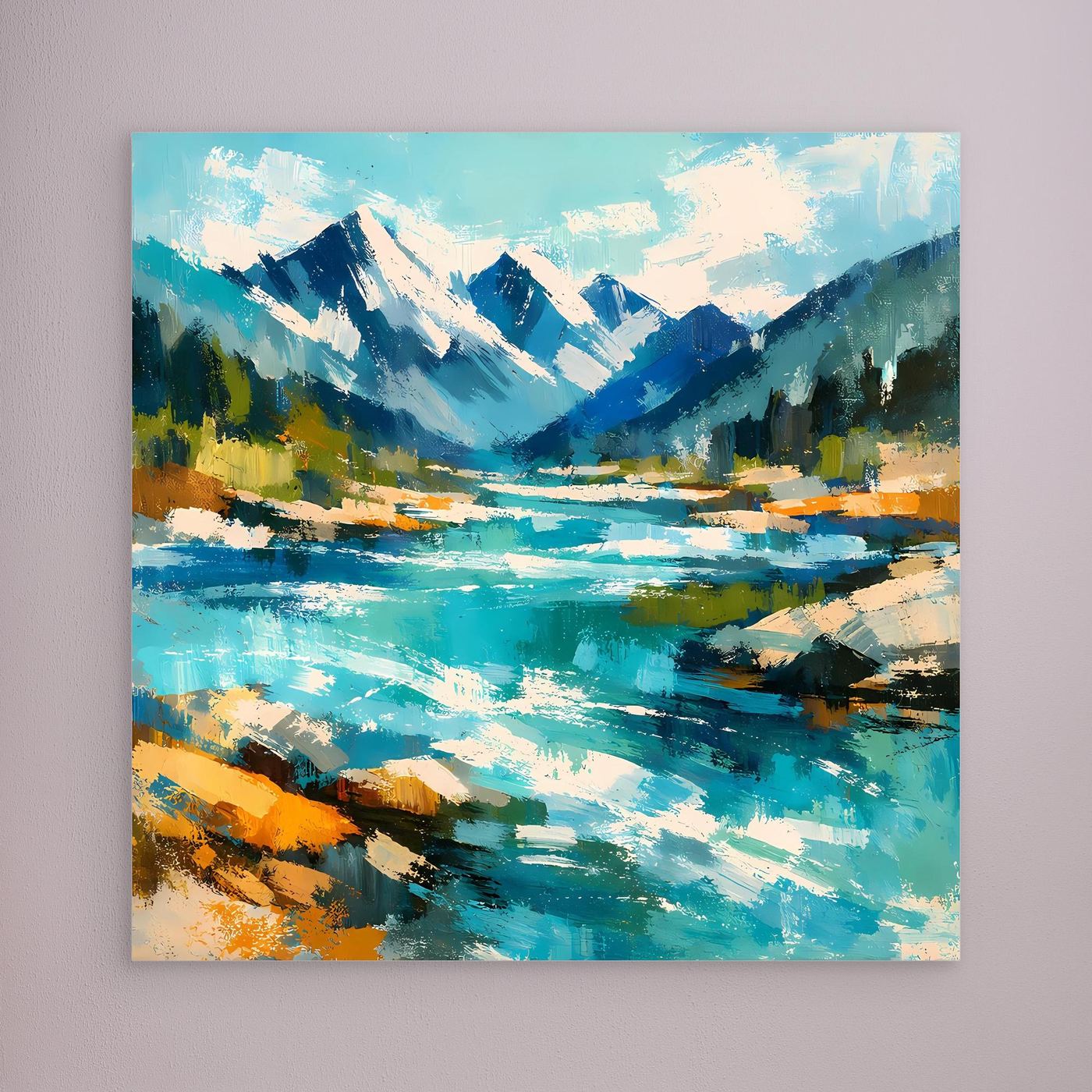 Leinwand-Wandbild mit abstrakter Alpenlandschaft am Fluss ohne sichtbaren Rahmen
