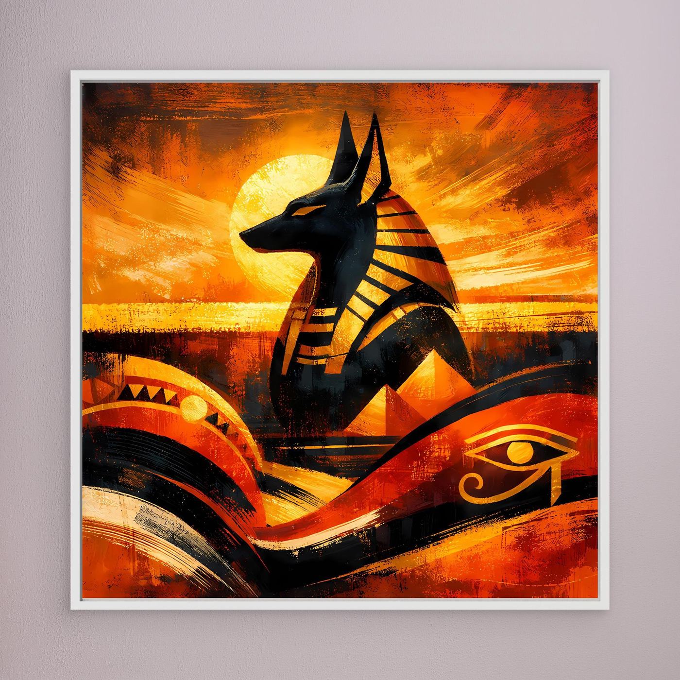 Wandbild Leinwand mit Anubis-Silhouette, warmes Orange und Gelb, schwarze Ornamente, weißer Rahmen