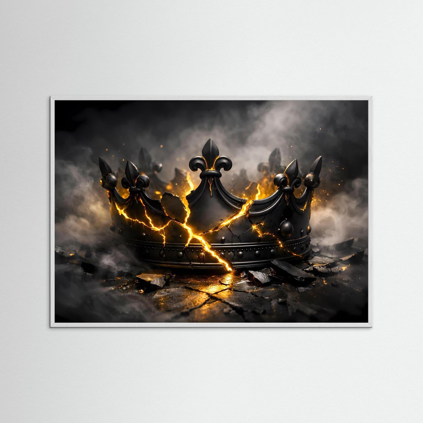 Wandposter mit gebrochener Krone, schwarz-gold, goldene Funken, grauer Rahmen