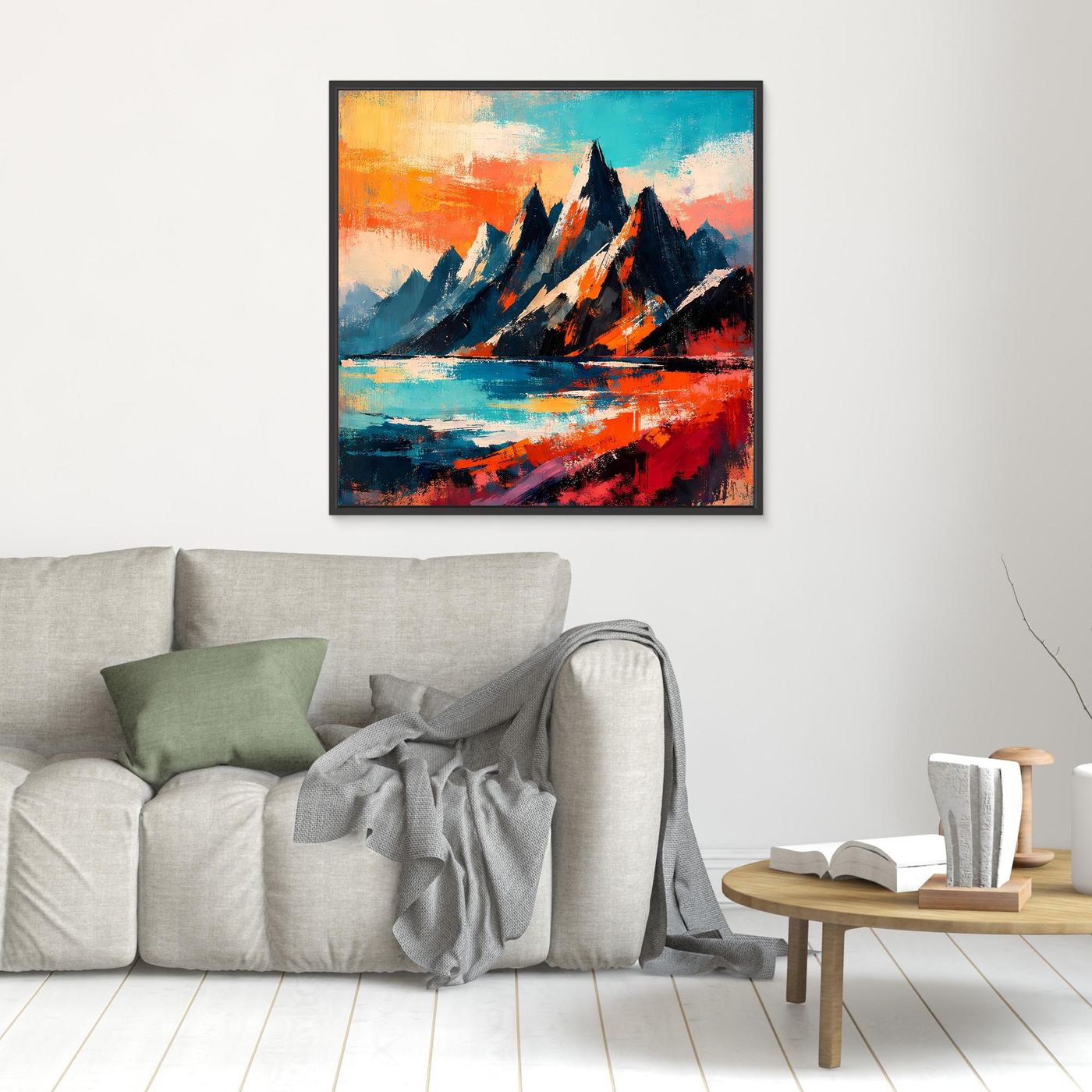 Abstraktes Leinwand-Wandbild mit Bergsilhouetten und Wasserlauf, orange-blaue Farbakzente, schwarz gerahmt