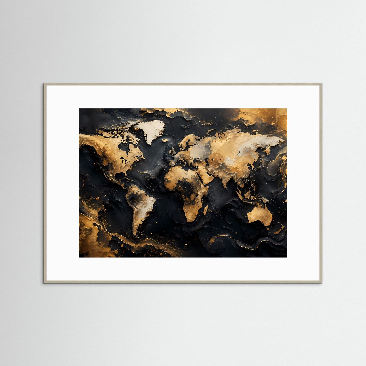 Weltkarte Poster Gold Schwarz | Moderne Weltkarte Wandbild | Luxus Landkarten Kunst | Abstrakte World Map Wanddekoration