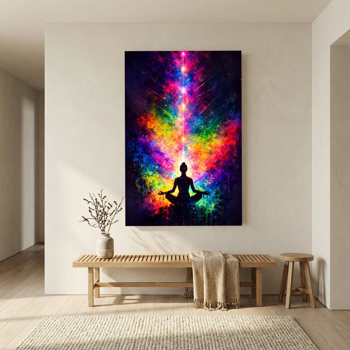 Hochformat-Poster mit Meditationssilhouette und farbigem leuchtendem Aura-Design