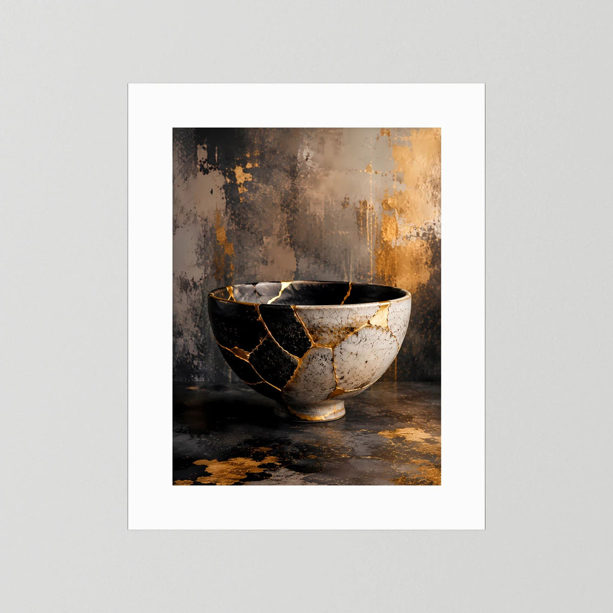 Hochformat-Poster mit Kintsugi-Schale, schwarz-weiße Scherbenoptik mit goldenen Kantenlinien.