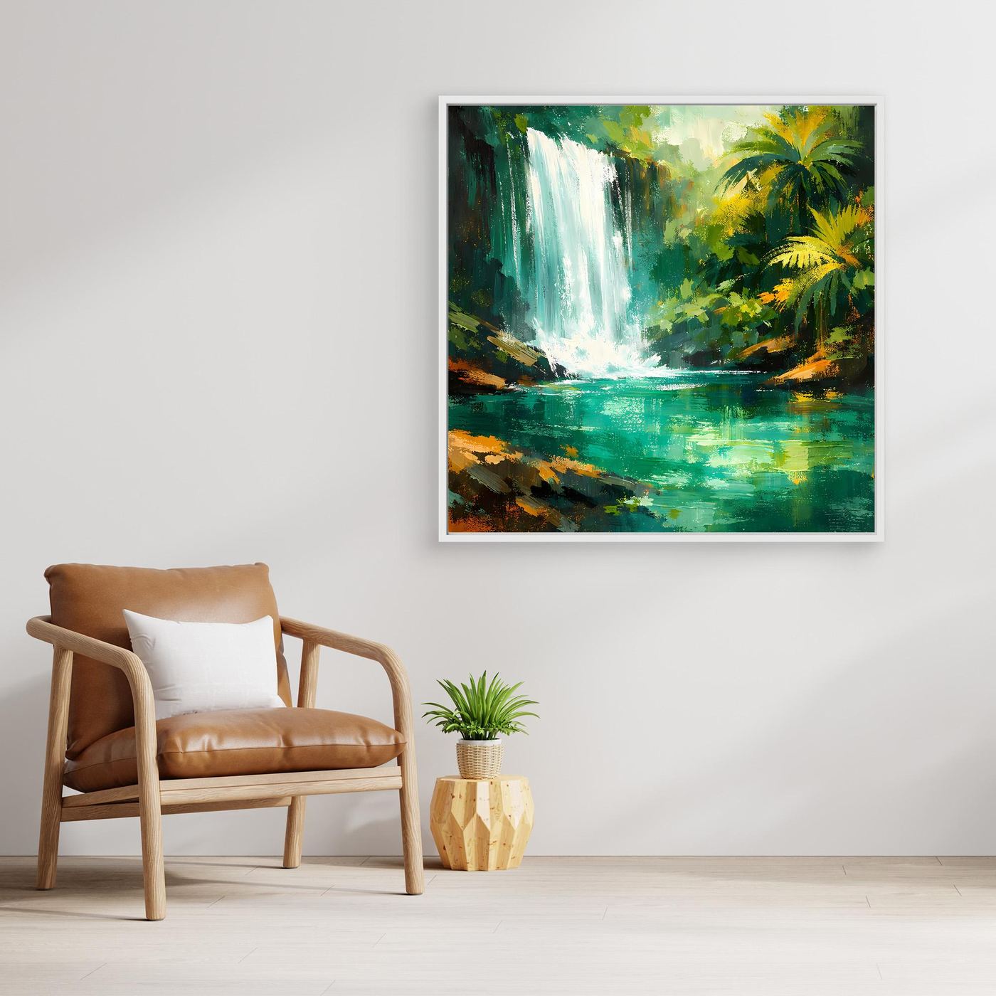 Leinwand Abstraktes Dschungel Wandbild mit Wasserfall | Modernes Natur Kunstwerk Grün