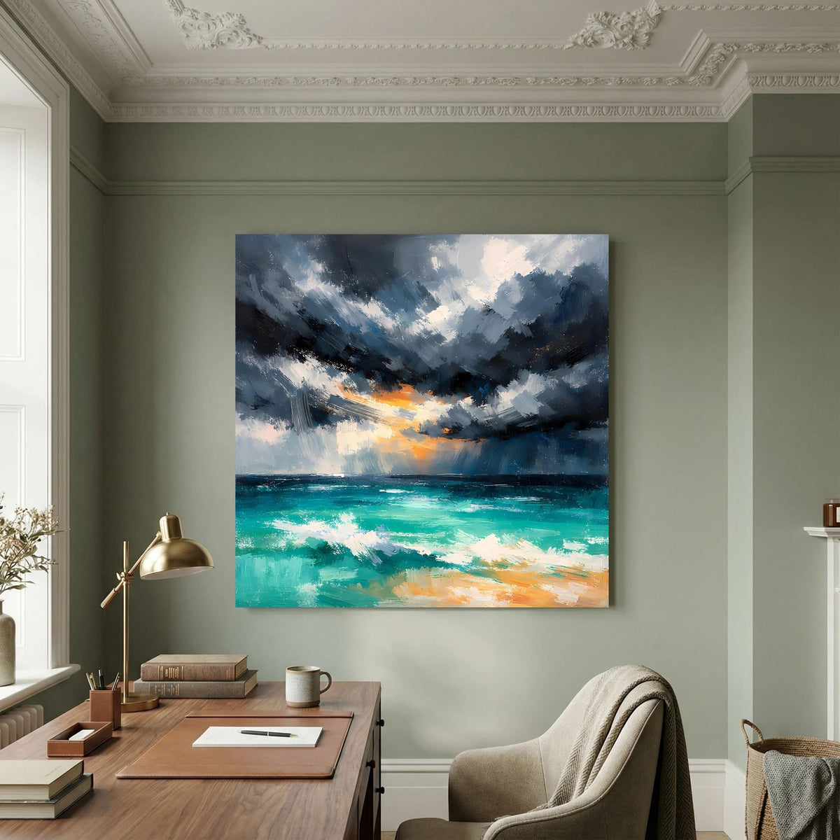 Leinwand-Wandbild mit Rahmen: Gewitterwolken über türkisfarbenem Meer, orange Akzente.
