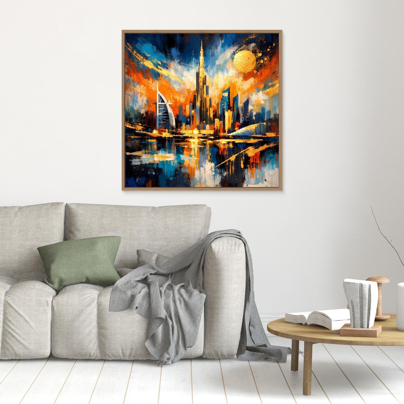 Abstraktes Leinwandbild Skyline mit goldenem Lichtkreis und Spiegelung, schwarzer Rahmen