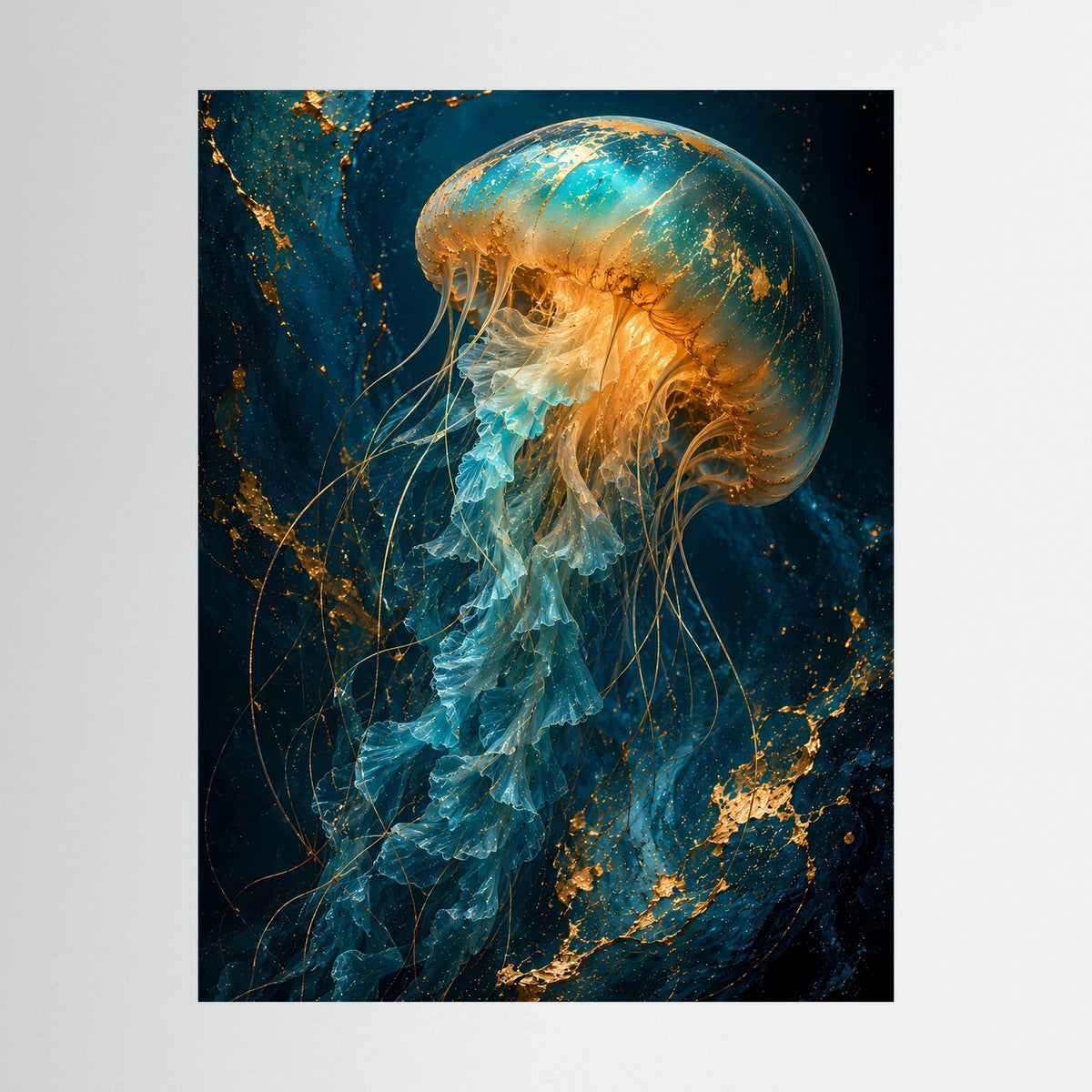 Poster-Nahaufnahme der leuchtenden Qualle in Türkis und Gold