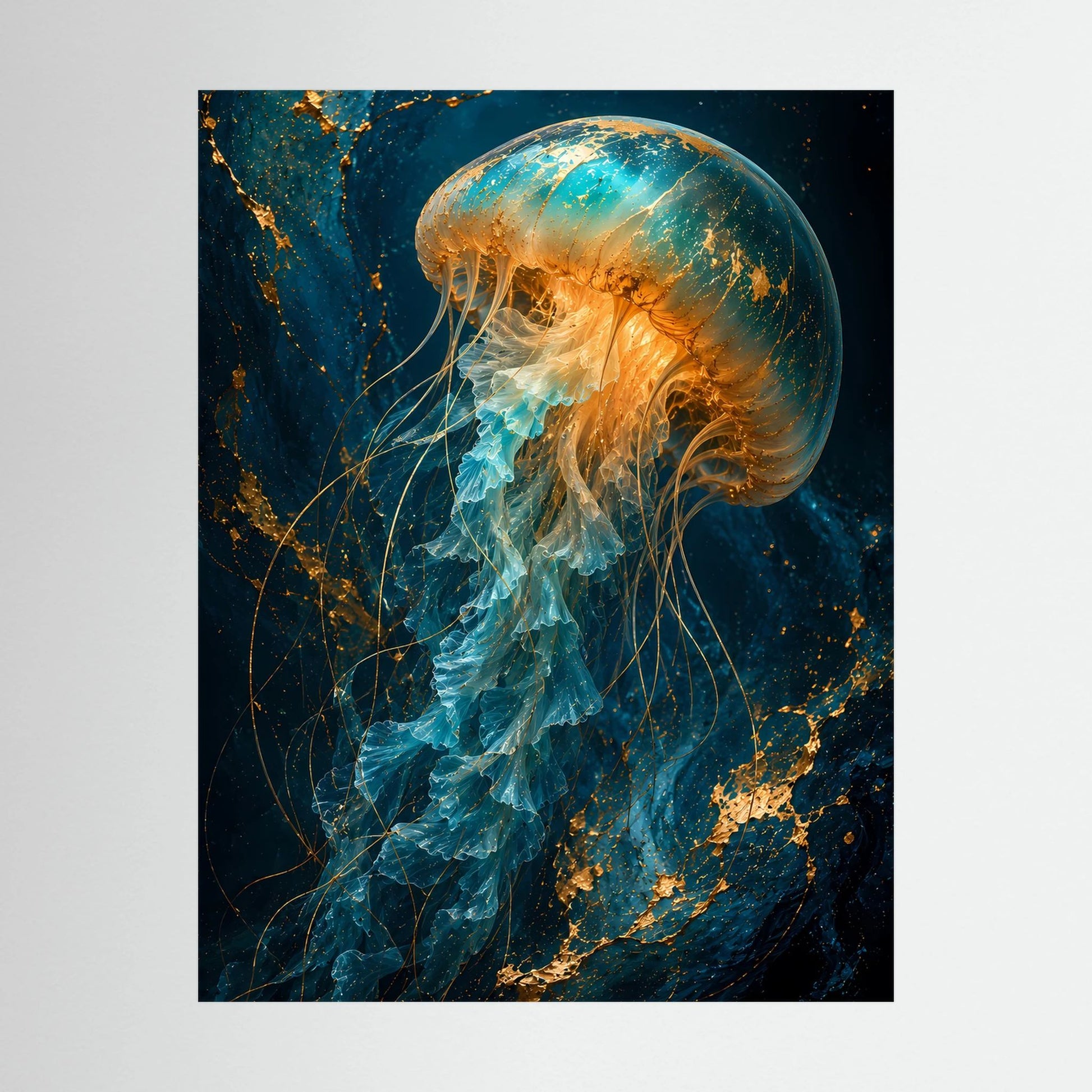 Poster-Nahaufnahme der leuchtenden Qualle in Türkis und Gold