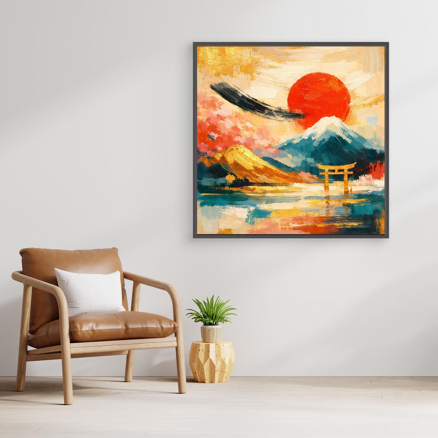 Leinwandbild mit Torii-Tor und Berglandschaft, roter Sonne, schwarzer Rahmen