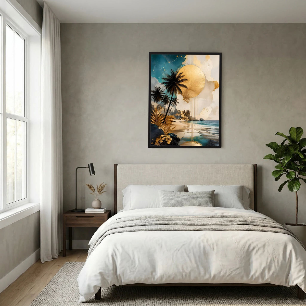 Gerahmtes Poster zeigt Palmen, goldene Sonne und einen tropischen Küstenabschnitt