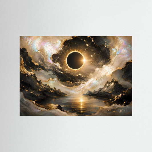 Querformat-Poster mit Sonnenfinsternis über dunkler Berglandschaft in Schwarz und Gold