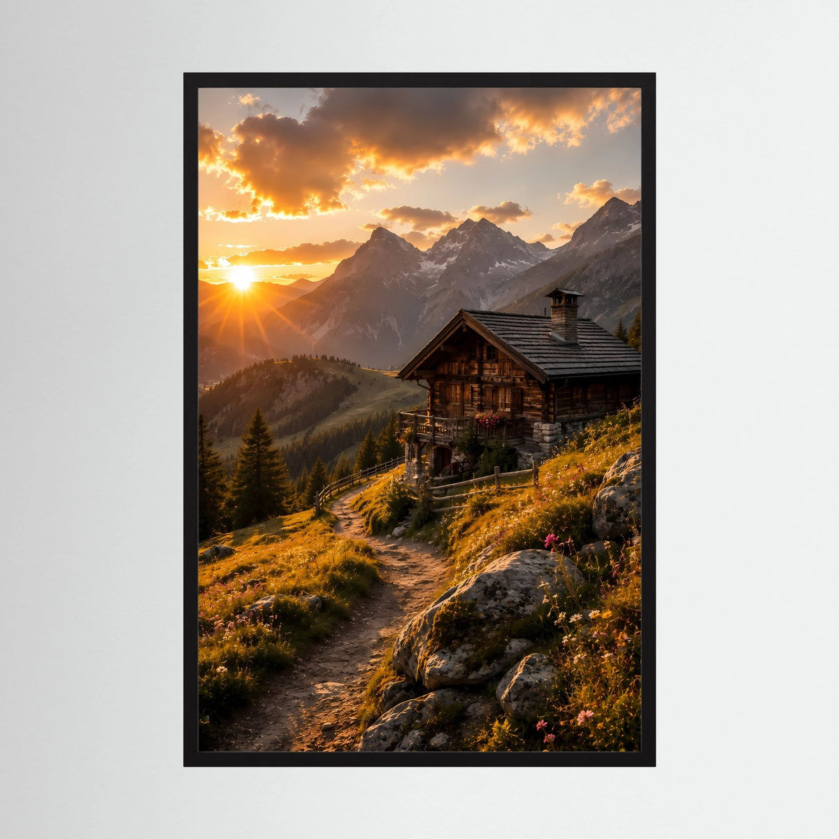Hochformat-Poster mit schwarzem Rahmen: Berglandschaft mit Hütte im Sonnenuntergang