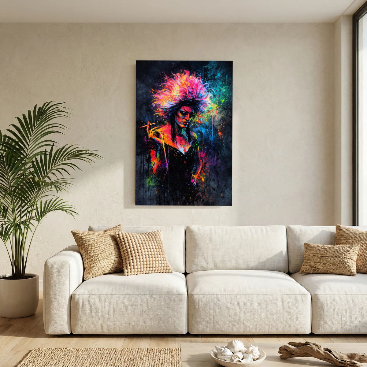 Hochformatiges Poster mit farbenfroher Drag-Queen-Silhouette, Zigarettenrauch und Neon-Spritzgrafik