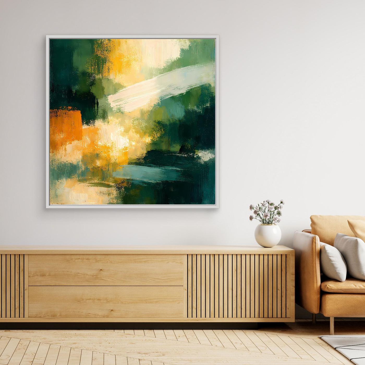 Gerahmtes abstraktes Wandbild mit grünen und orangefarbenen Pinselstrichen auf Leinwand
