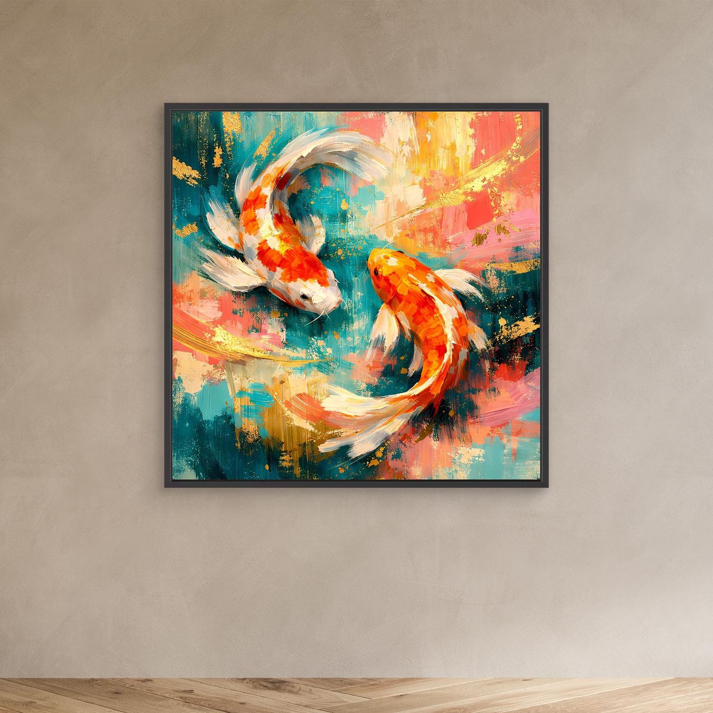 Leinwandbild mit Koi-Fischen im abstrakten Yin-Yang, mit schwarzem Rahmen