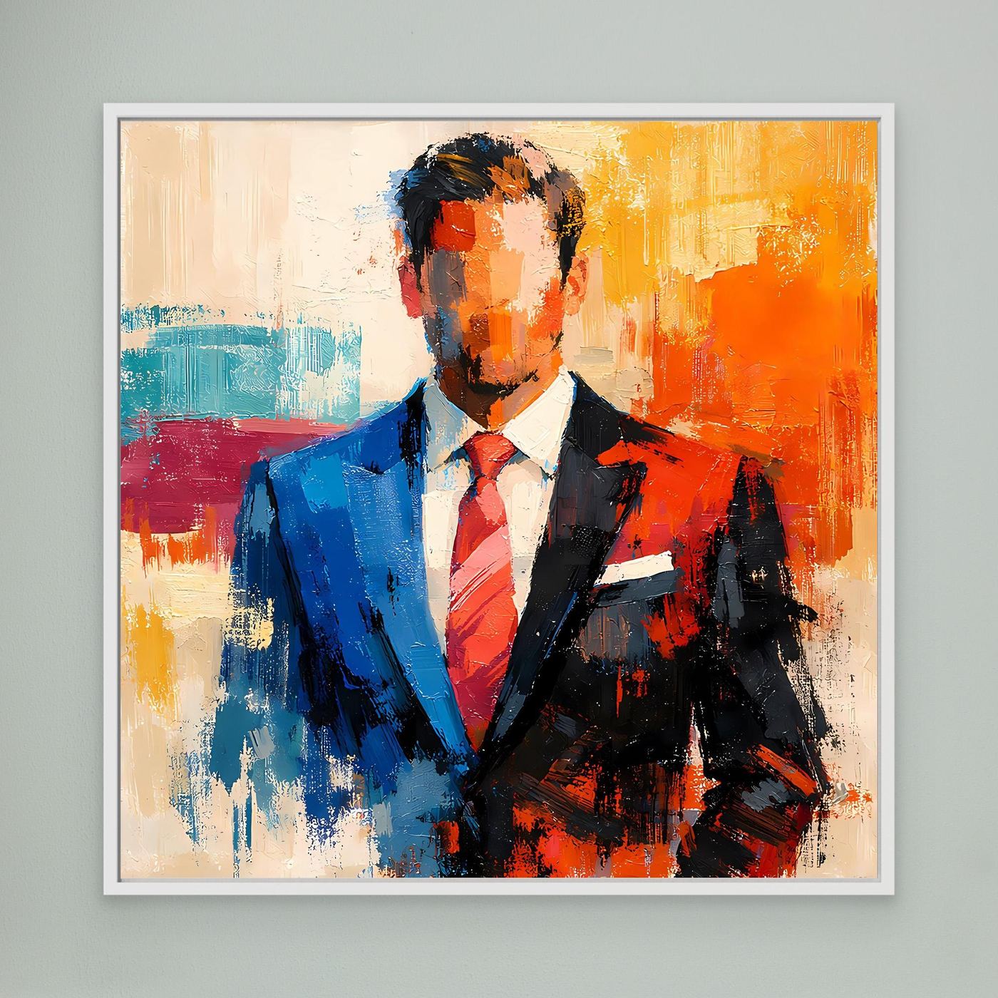 Business wall art print of an elegant man in a blue suit with orange and teal abstract background.