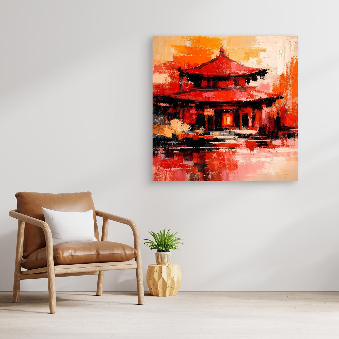 Abstraktes Leinwandbild mit roter Pagode und Tempel, quadratisch