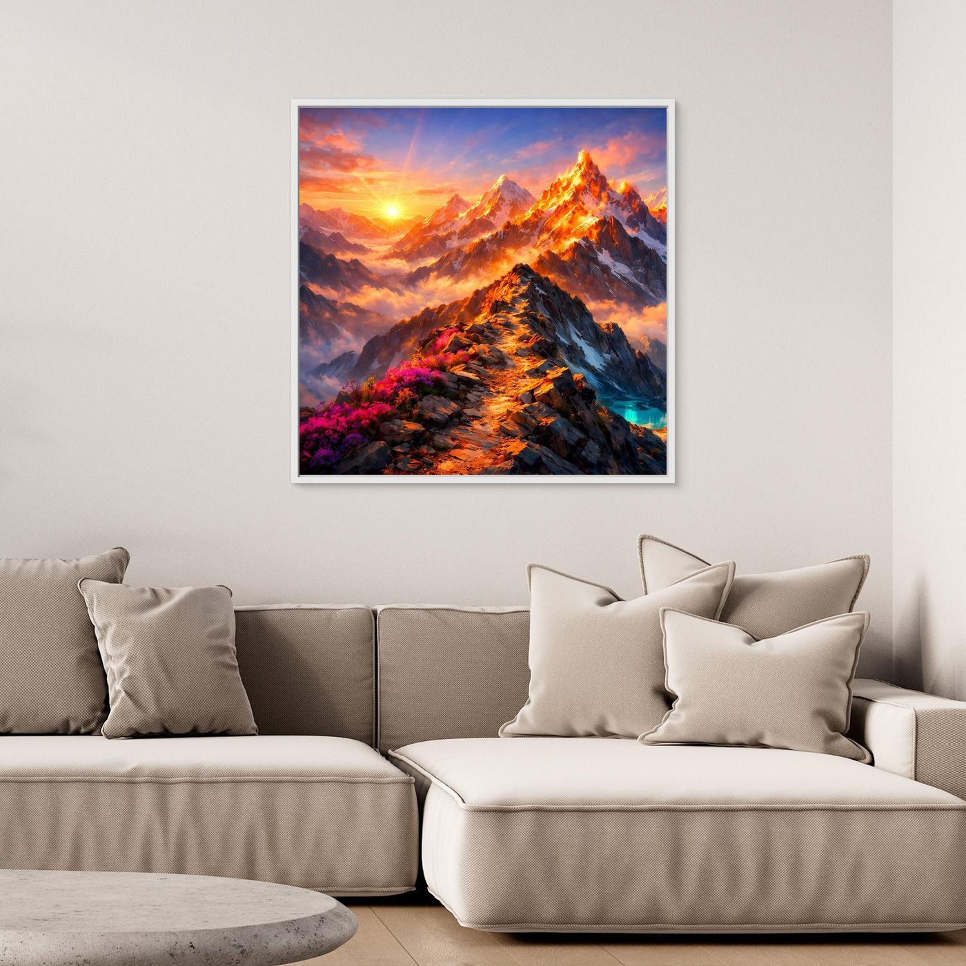 Leinwandbild Sonnenuntergang im Hochgebirge | Majestätisches Wandbild auf echtem Holzkeilrahmen