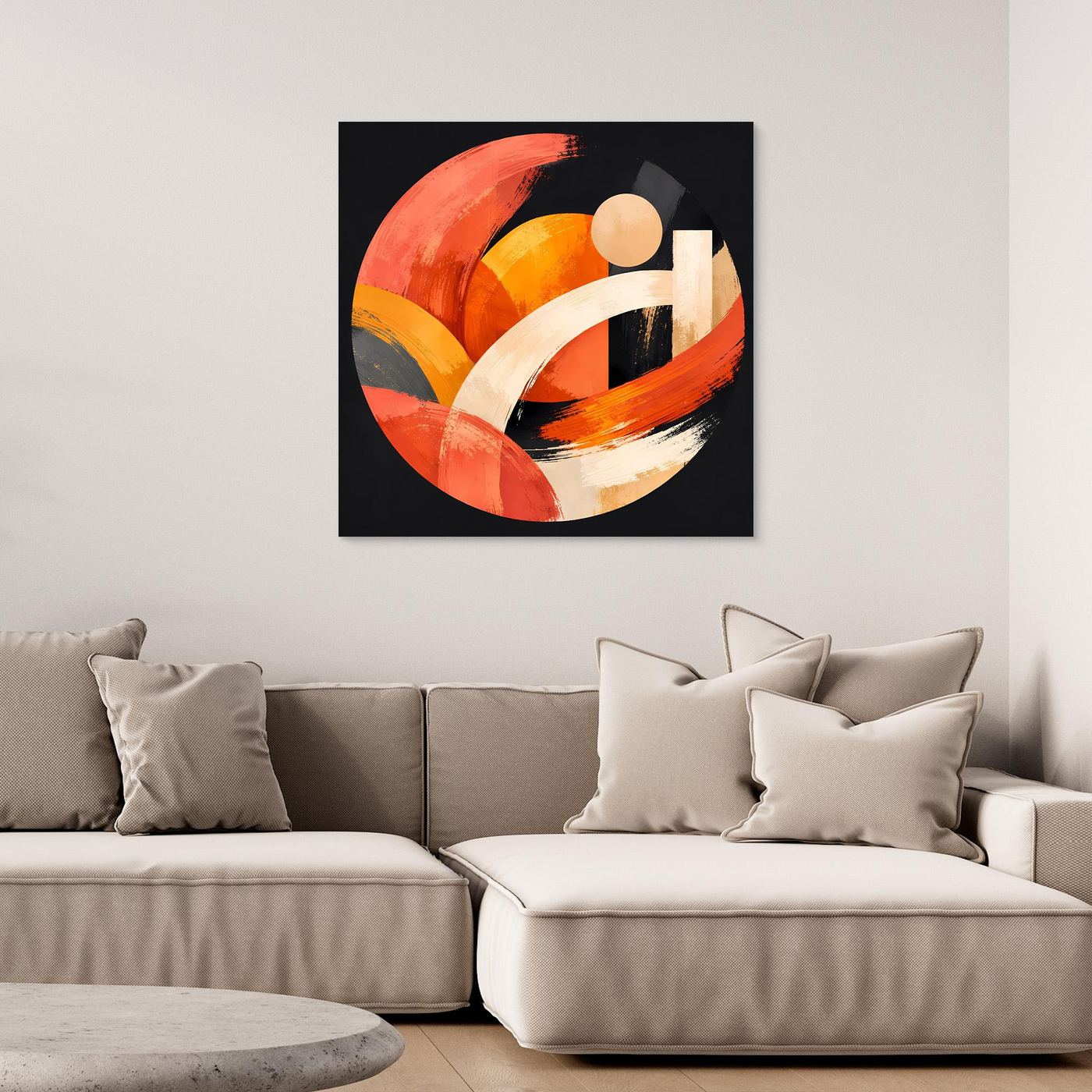 Gerahmtes Leinwandbild mit geometrischem Kreis in Orange, Beige und Weiß auf dunklem Grund