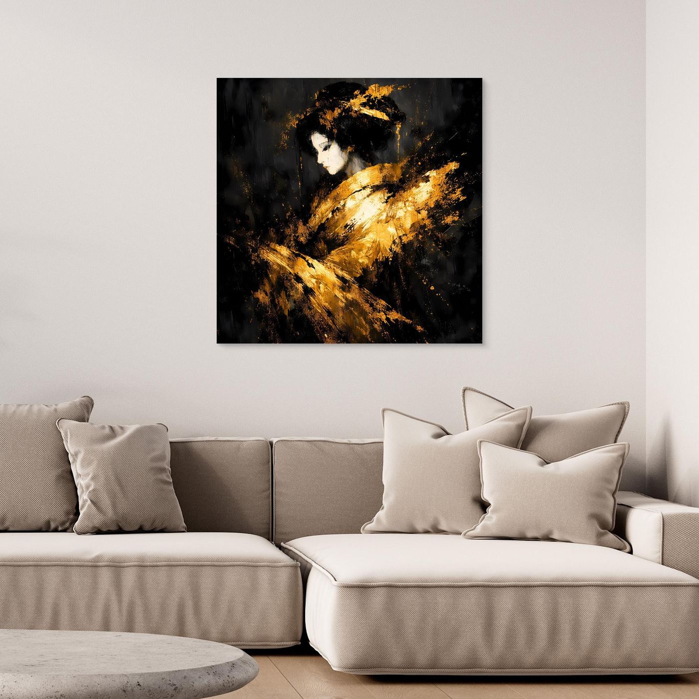 Leinwand Elegante Goldene Geisha | Abstraktes Asiatisches Wandbild