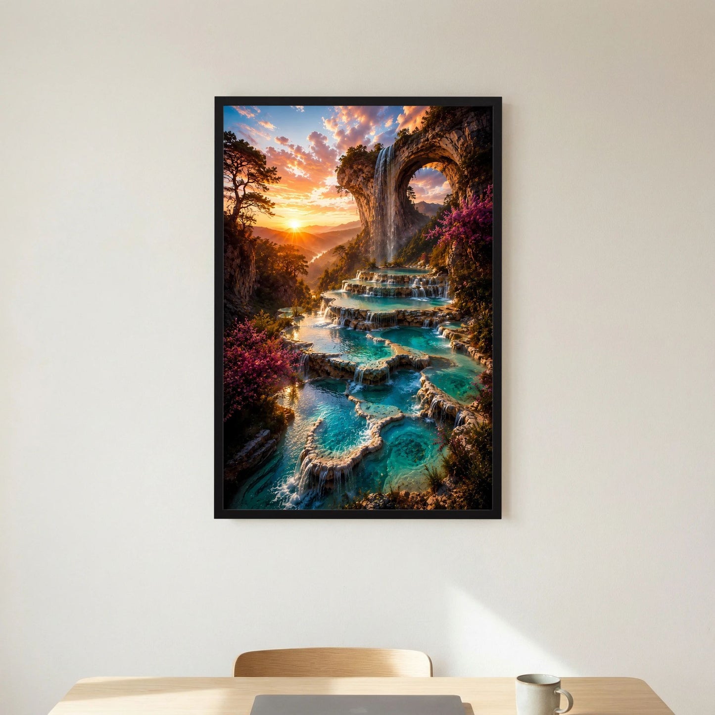 Kunstposter Hochformat im schwarzen Rahmen, Wasserfall über Felsbogen in türkisfarbenen Terrassen