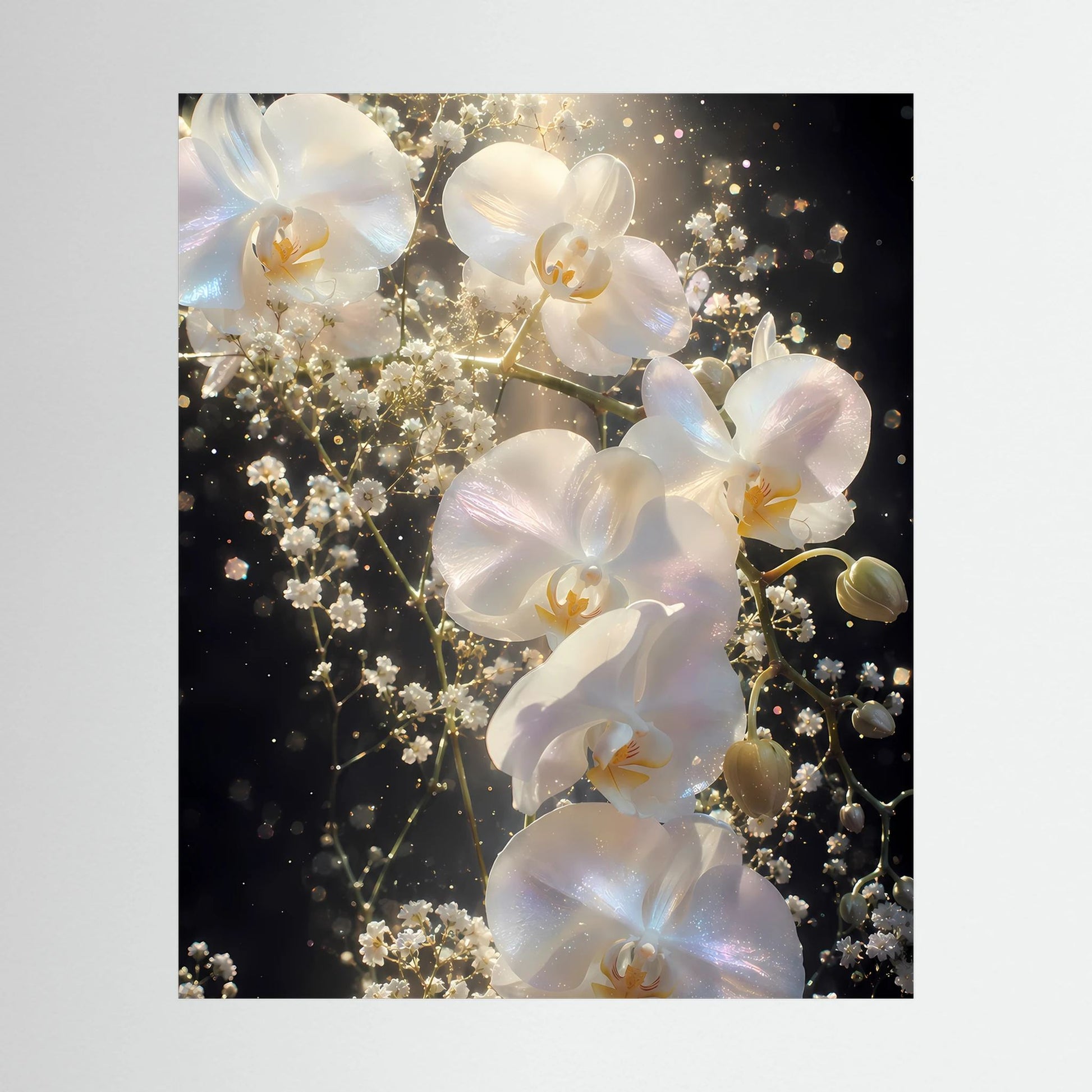 Blumenposter mit weißen Orchideen und goldenen Lichtern, schwarz gerahmt