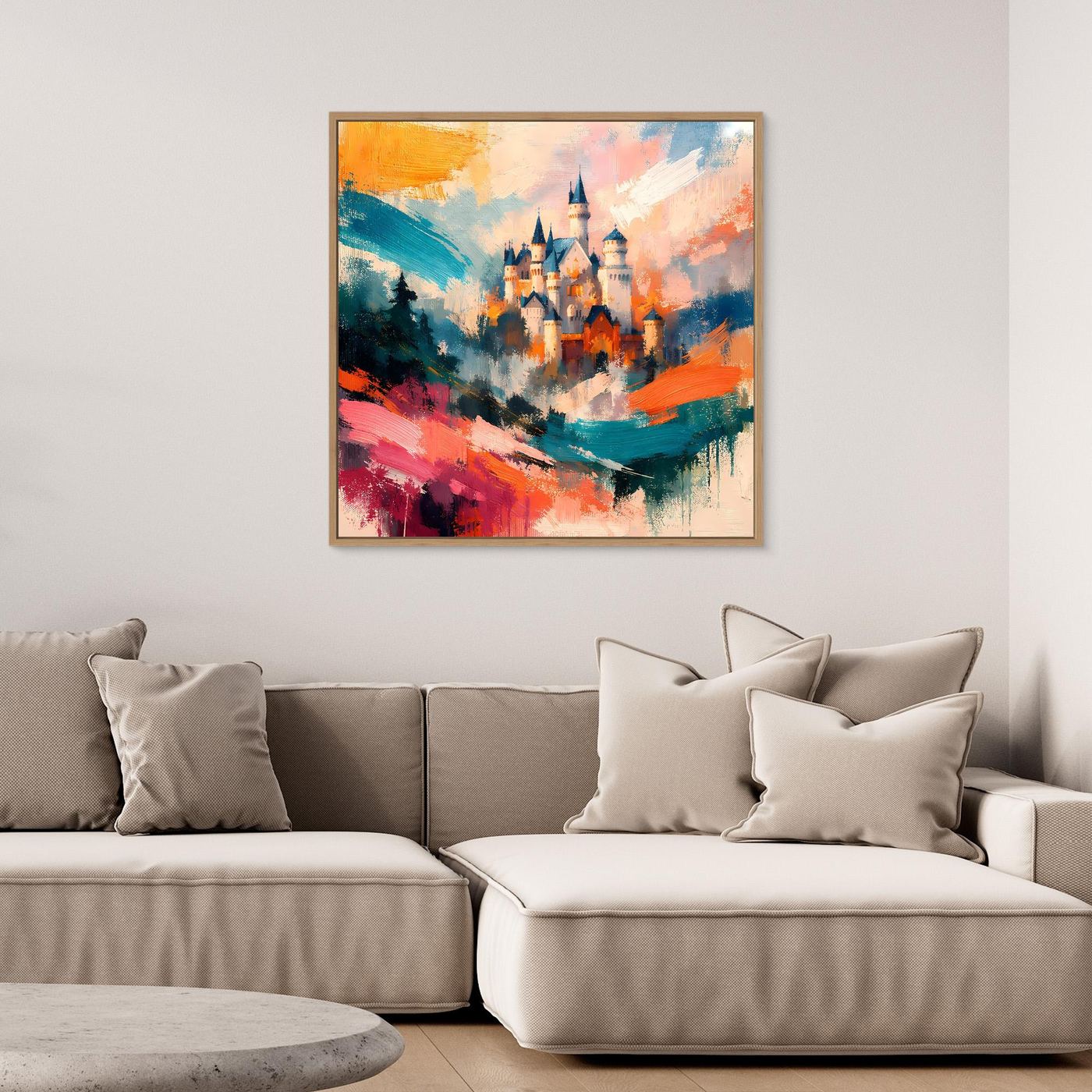 Premium Leinwand Märchenhaftes Schloss in abstrakten Farben | Modernes Castle Wandbild