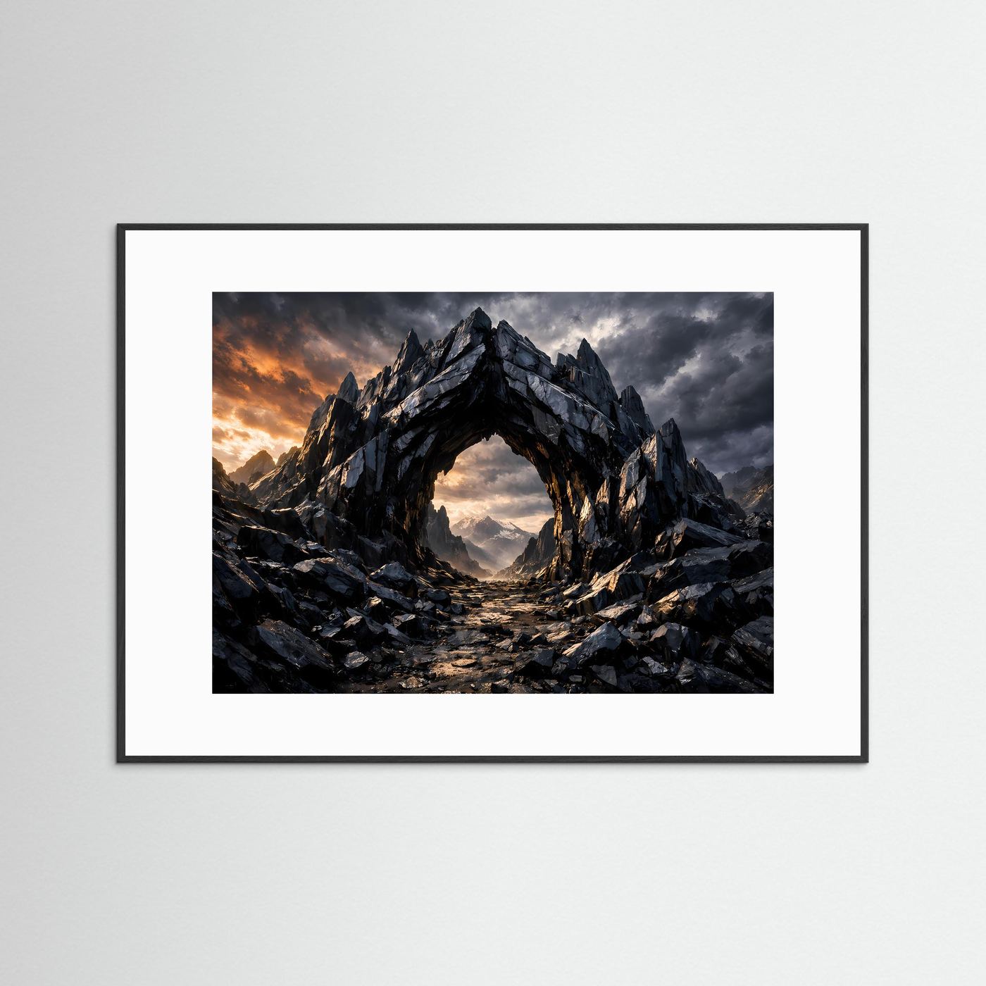 Fantasy-Poster mit Felsbogen aus dunklem Gestein, schwarzer Rahmung mit weißem Rand