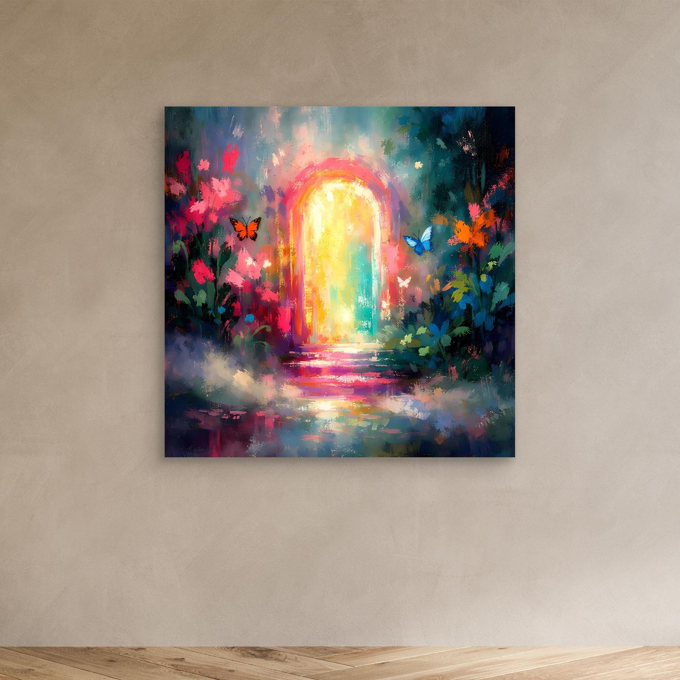 Abstraktes Wandbild ohne Rahmen: leuchtendes Tor, bunte Blüten, Schmetterlinge und Spiegelung