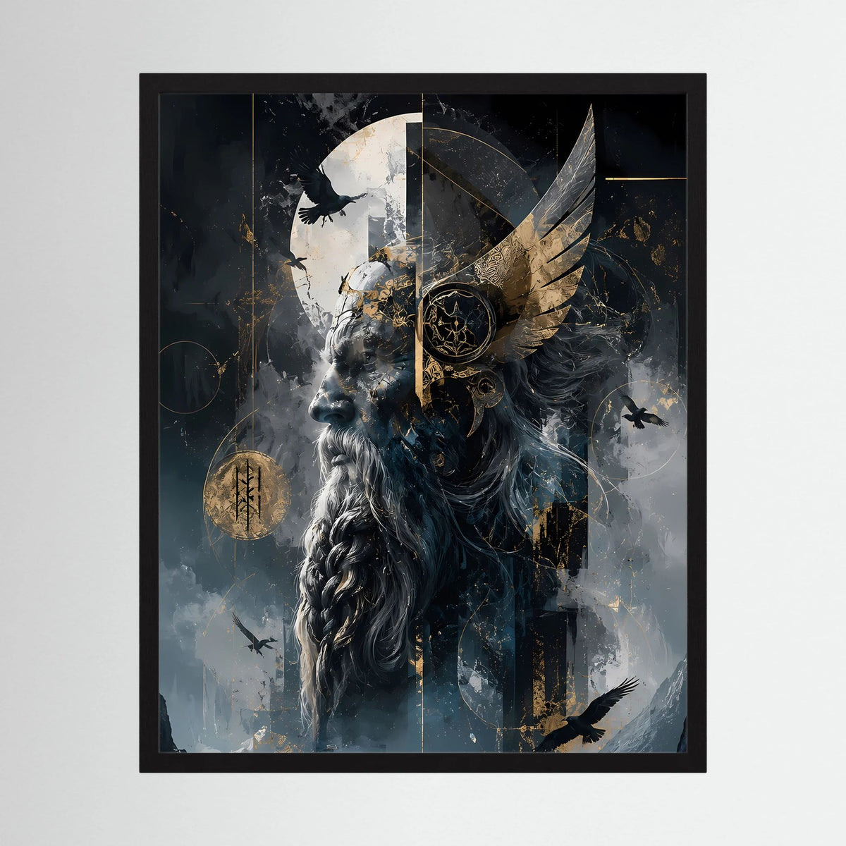 Gerahmtes Hochformat-Poster mit dunklem Wikinger-Vogel-Motiv, Flügeln und goldenem Emblem