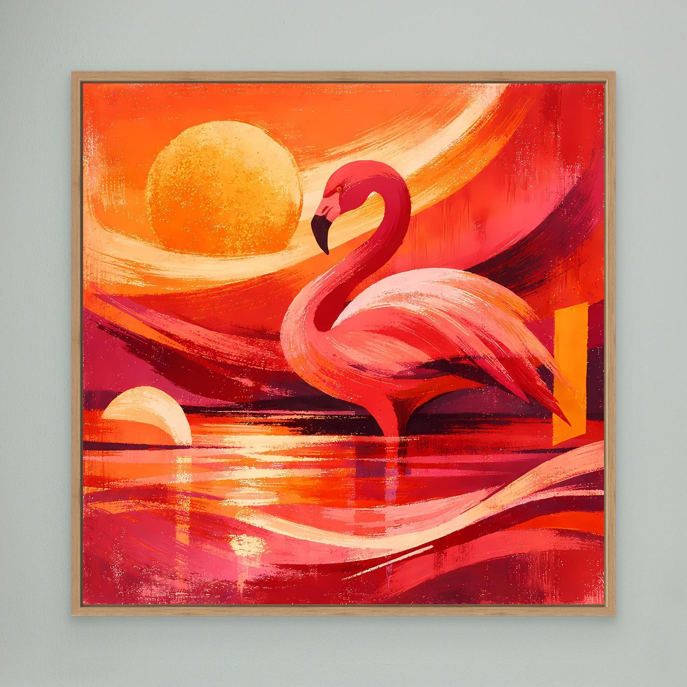 Leinwand-Wandbild im Eichenrahmen: roter Flamingo, gelbe Sonne und Reflexe auf rotem Wasser
