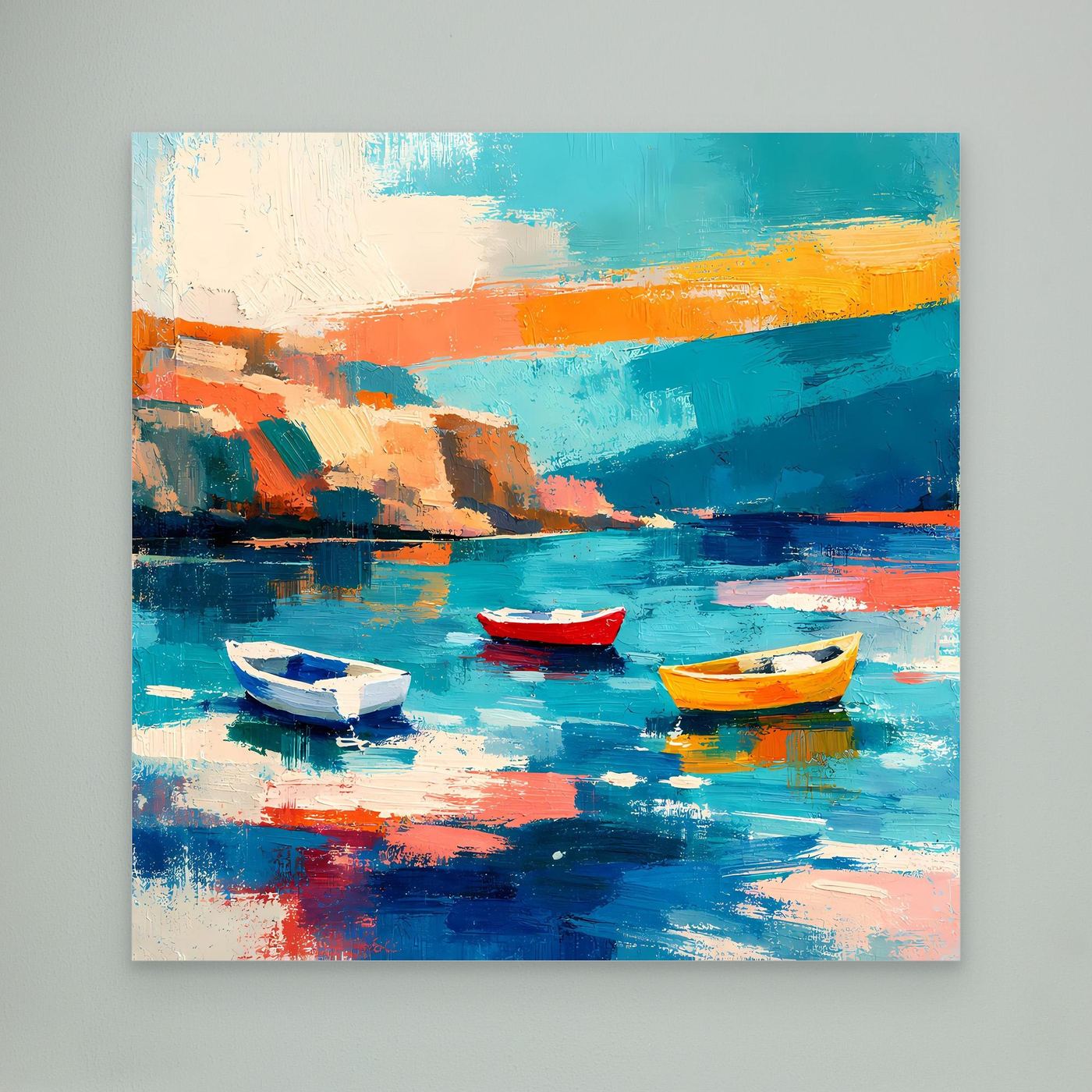 Leinwandbild mit abstraktem Hafen und drei Booten, Türkis, Blau und Orange