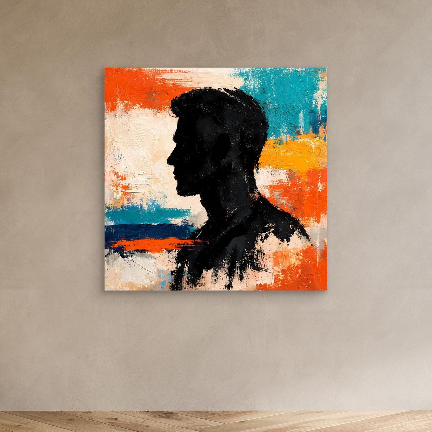 Small framed abstract canvas wall art: black male profile silhouette with orange and blue blocks