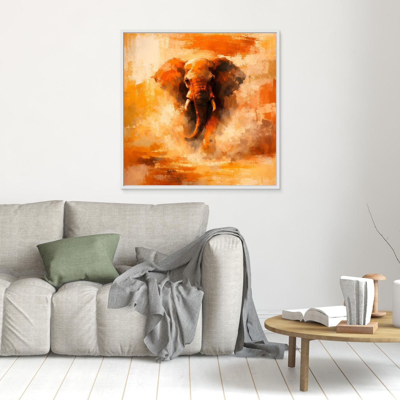 Leinwand Abstraktes Elefanten Gemälde | Modernes Kraftvolles Tier Wandbild Orange Ocker
