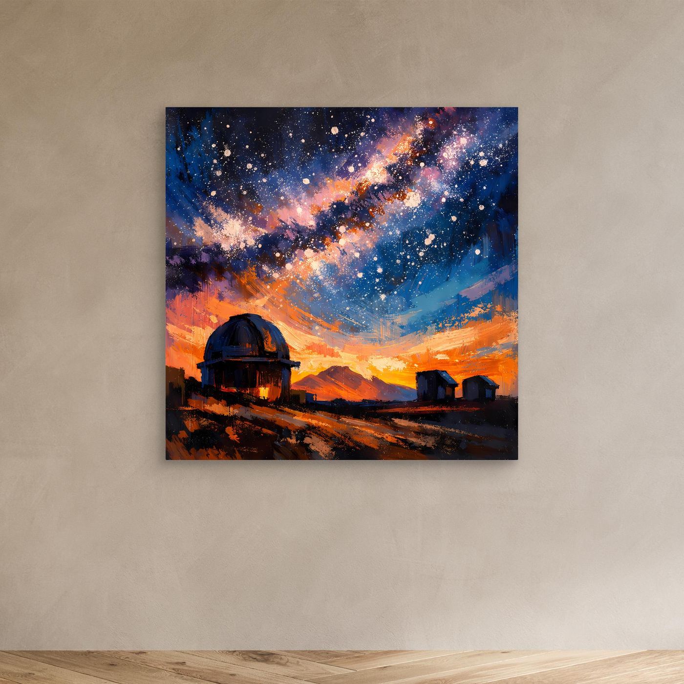 Leinwand-Wandbild mit Sternenhimmel, Milchstraße und Sternwarte im orange-blauen Farbschema