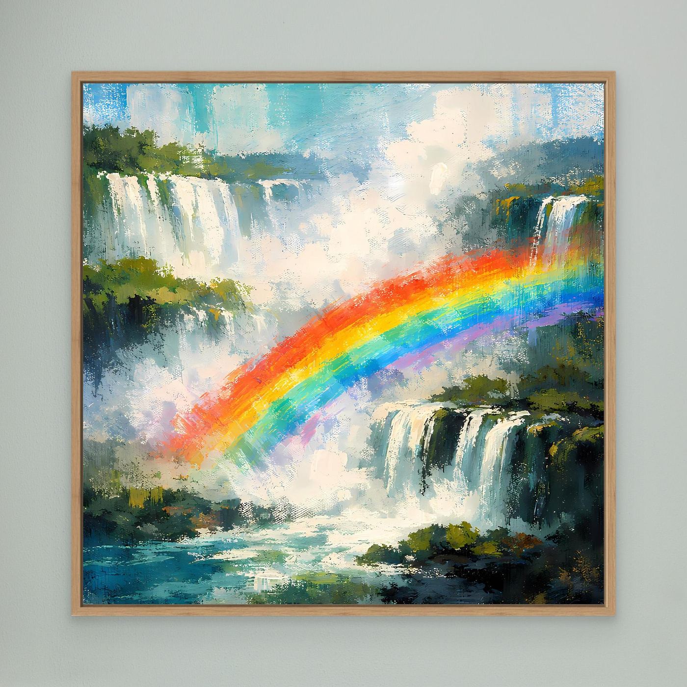 Leinwand-Wandbild Wasserfall mit Regenbogen im Holzrahmen, farbenfrohes Naturmotiv