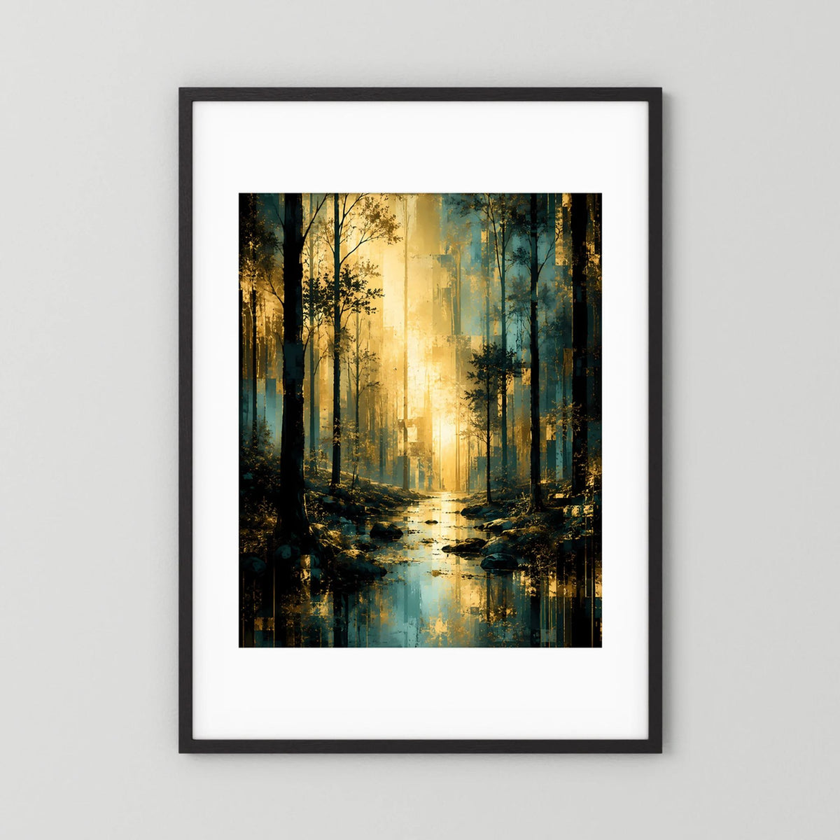 Hochformat-Poster Waldmotiv in Türkis und Gold, schwarzer Rahmen mit weißem Rand