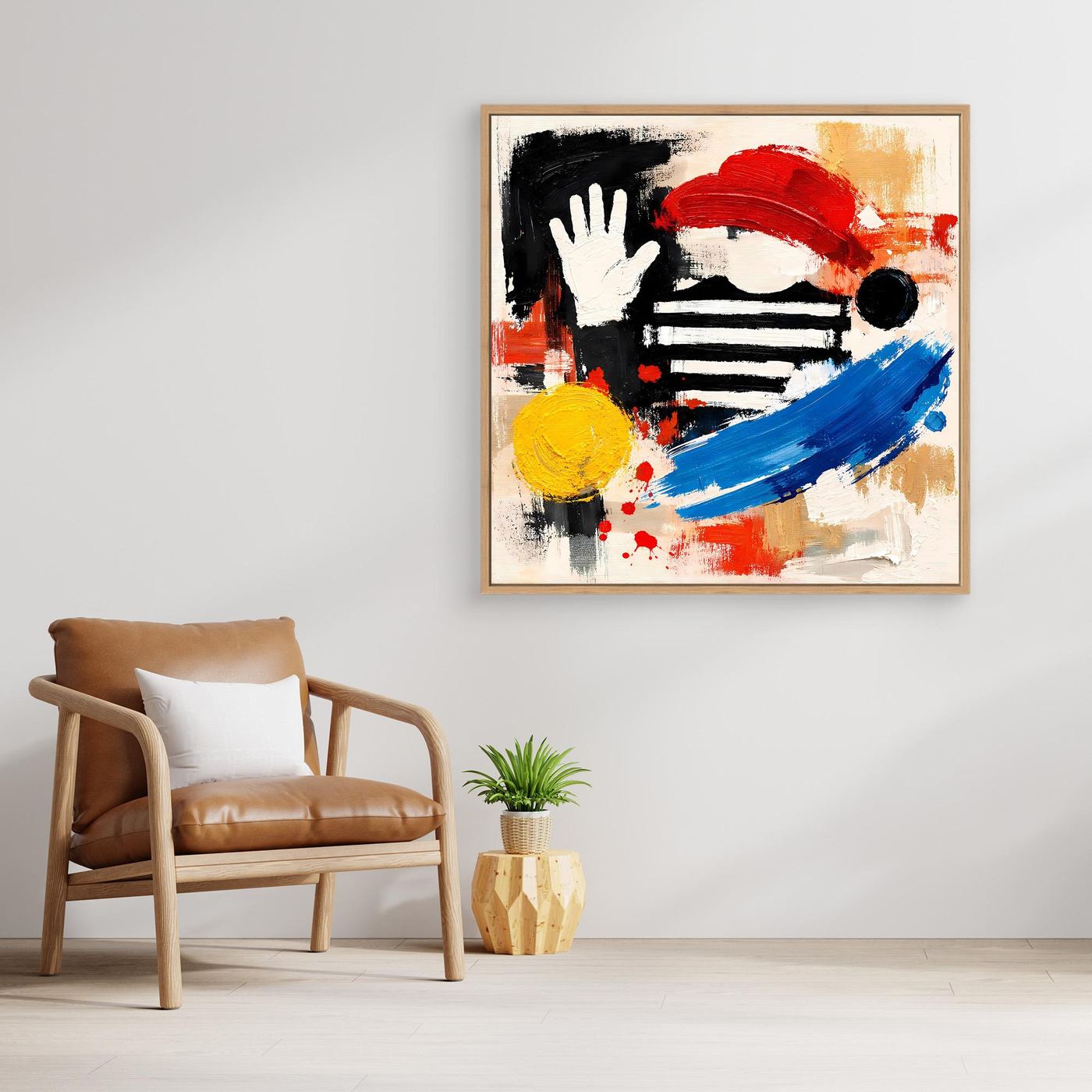 Abstract pop art canvas wall print with hand and stripes in red, blue, yellow, oak frame