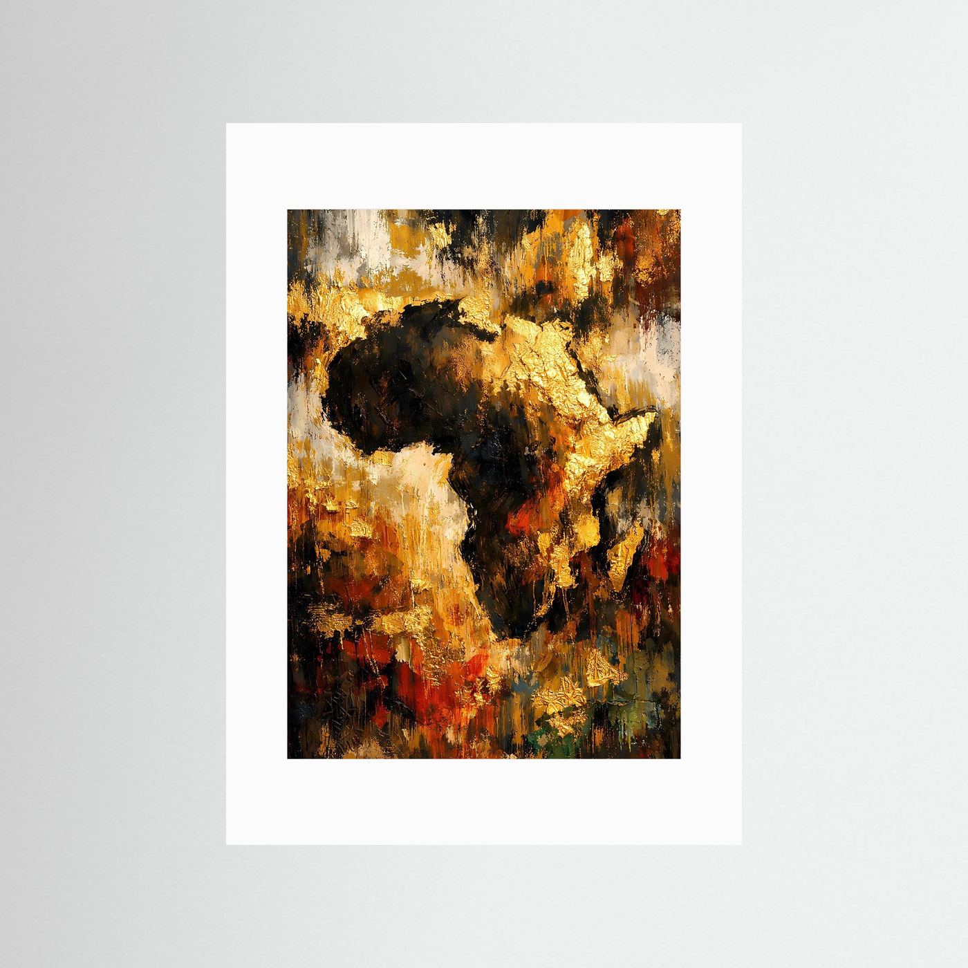 Abstraktes Afrika-Poster mit weißem Passepartout, senkrecht, goldene und schwarze Textur.