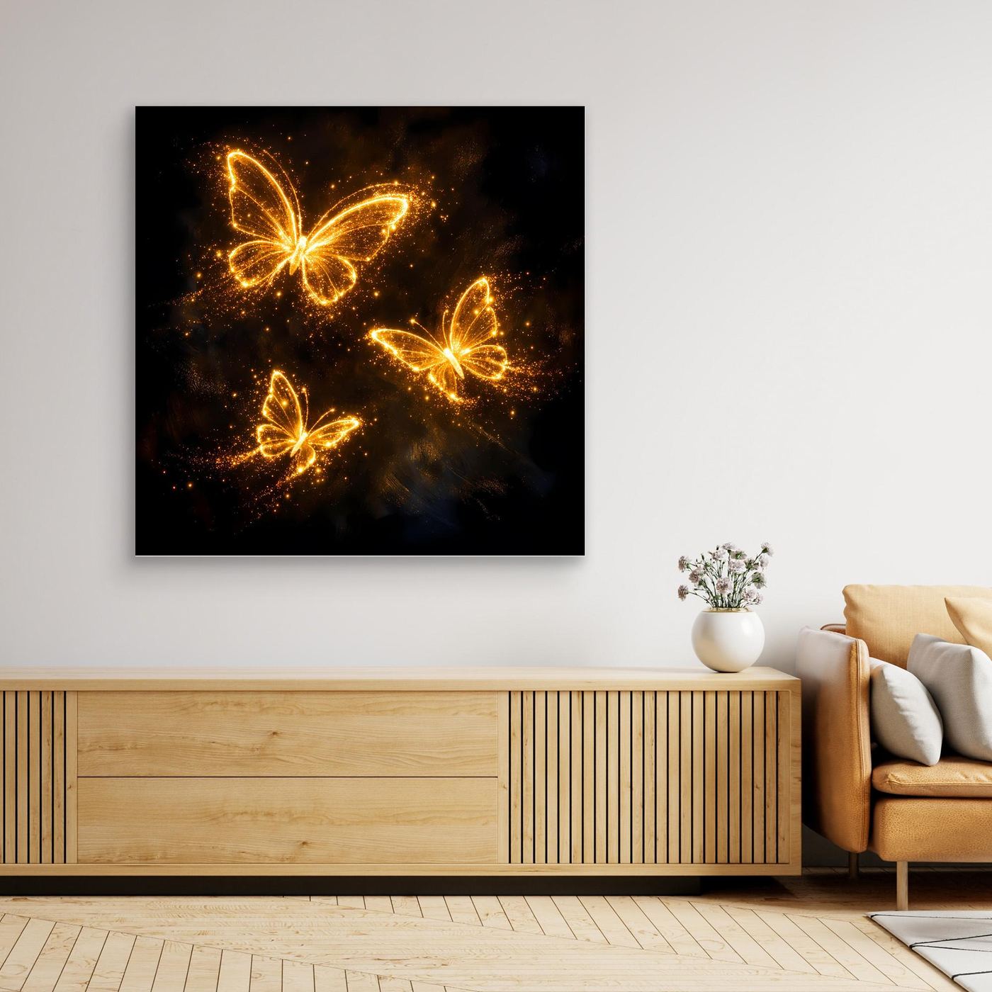 Premium Leinwand Leuchtende Schmetterlinge in Gold | Elegantes Fantasy Wandbild abstrakt