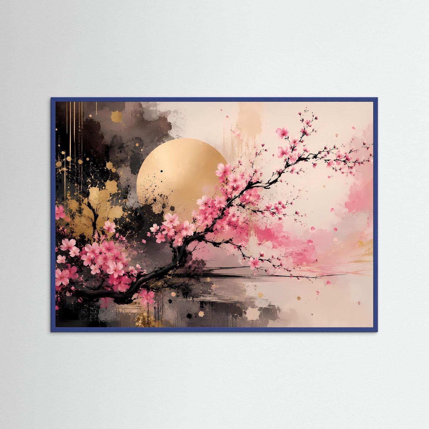 Kirschblüten Poster | Japanische Sakura Wandkunst | Moderne Abstrakte Zen Kunst mit Gold | Elegantes Wandbild