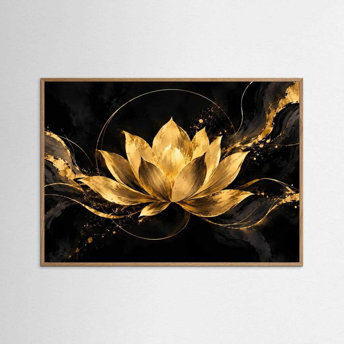 Poster im Querformat mit goldener Lotusblüte, helle Holzrahmenumrandung