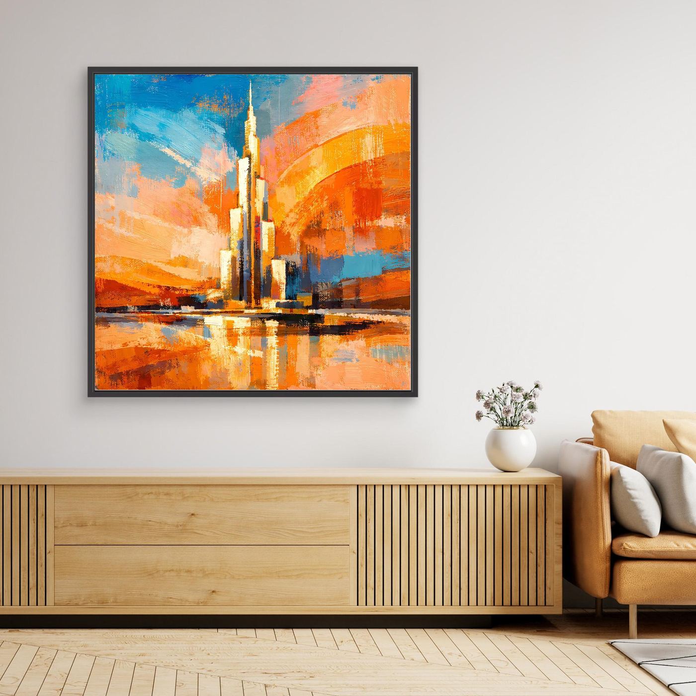 Abstraktes Wandbild mit Spiegelung, türkis-blau/orange Farbverlauf, schwarzer Rahmen