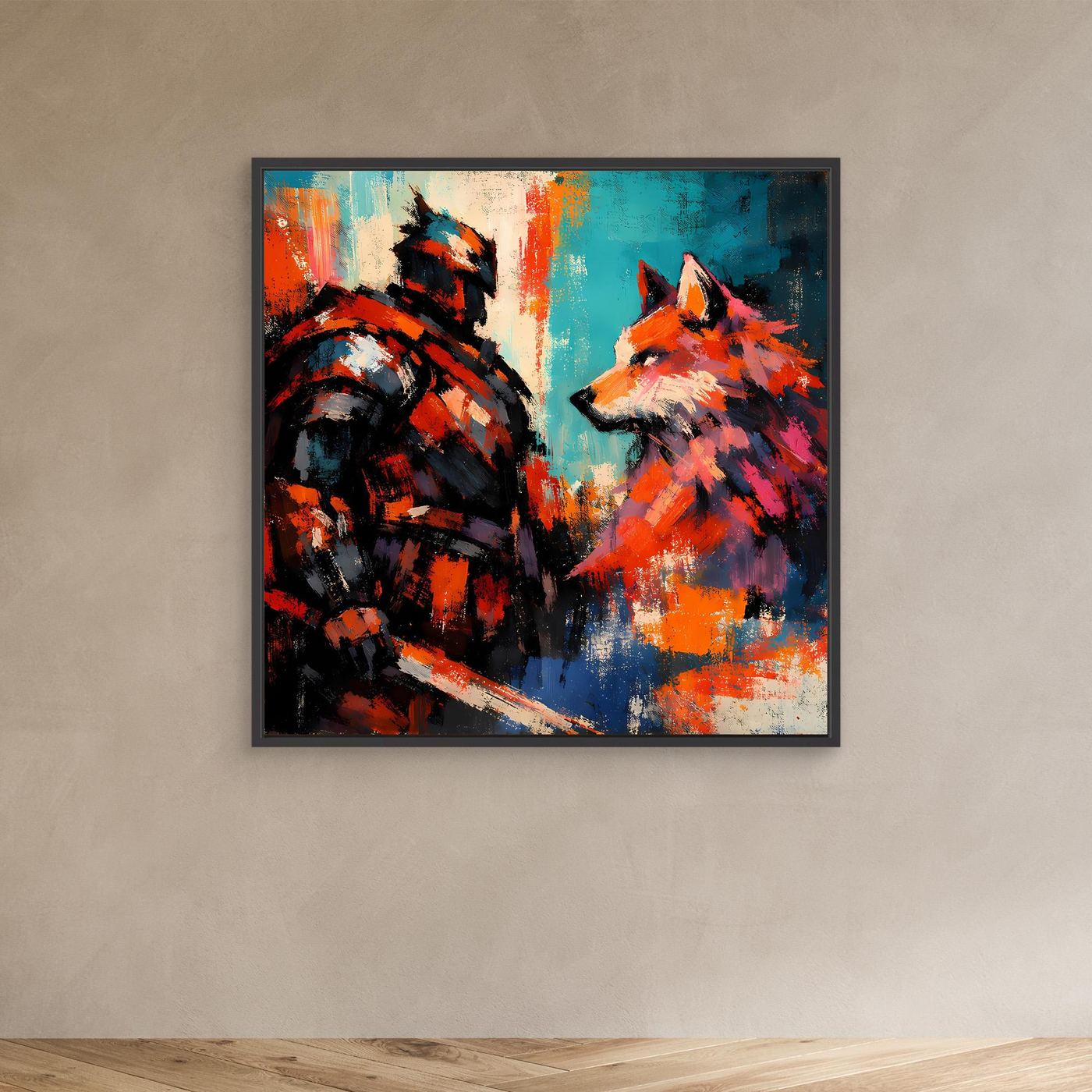 Abstraktes Leinwand-Wandbild mit schwarzem Rahmen: Krieger und Wolf, leuchtende Farbakzente