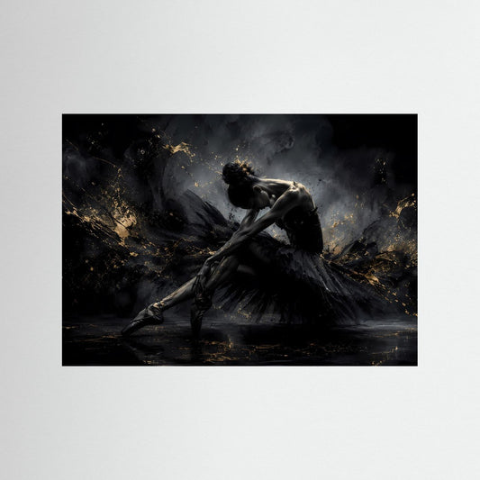 Poster mit Balletttänzerin in Schwarz mit goldenen Spritzern, im schwarzen Rahmen