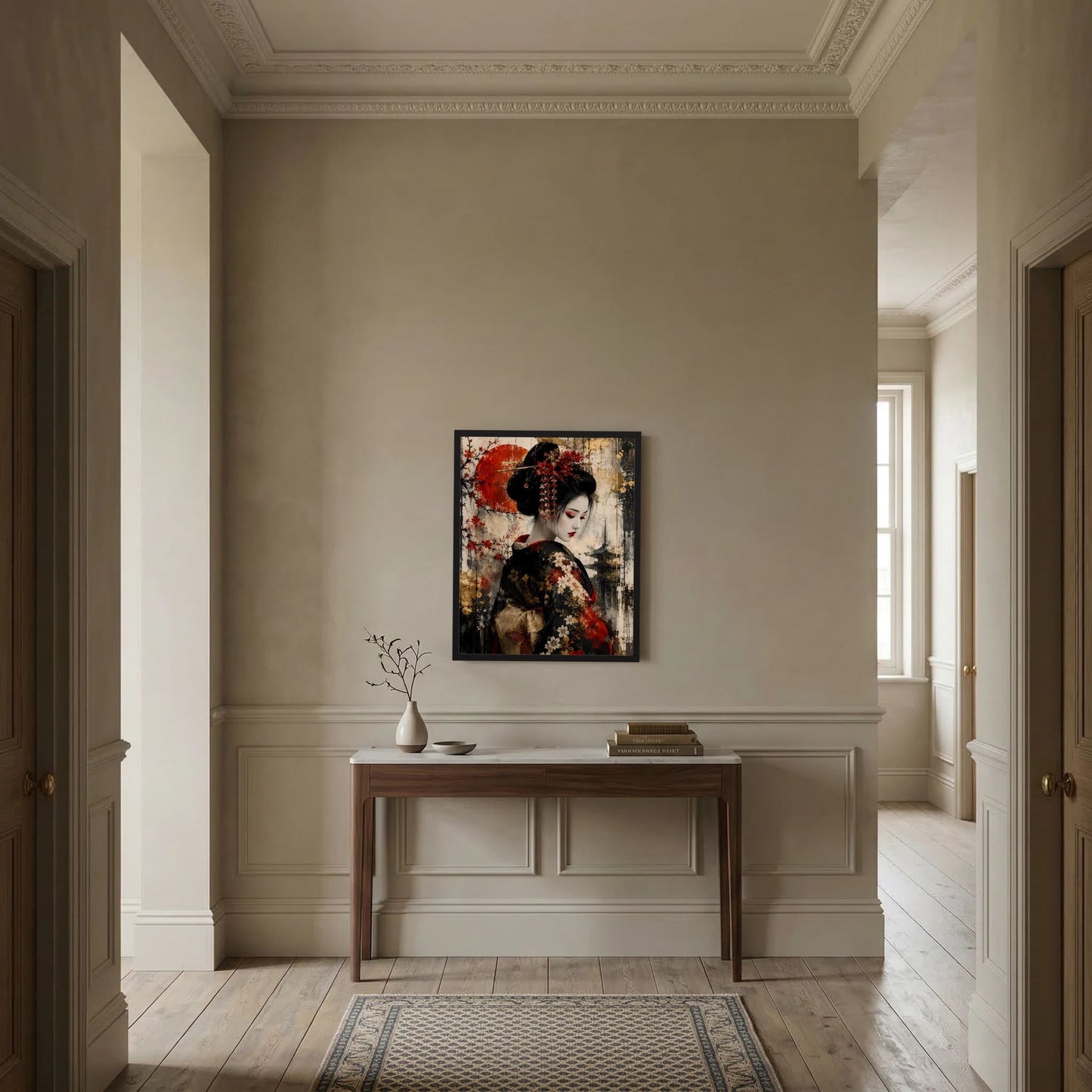 Wandposter mit Porträt einer Frau in schwarzem Kimono, rote Blumen und goldene Spritzer