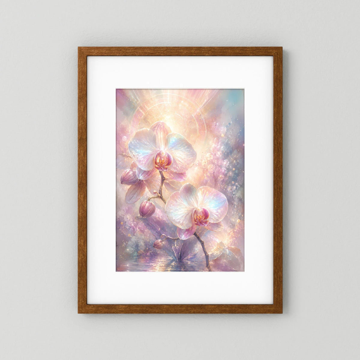 Orchideen-Pastellposter mit weißem Passepartout im dunkleren Holzrahmen