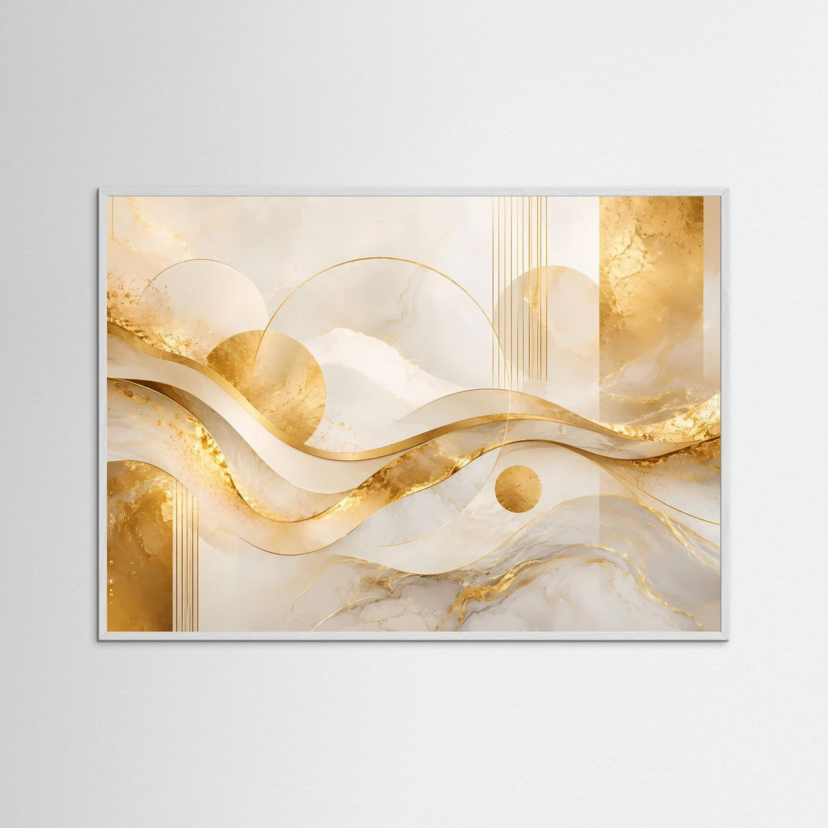 Abstraktes Querformat-Poster im hellen Rahmen, Wellen in Creme, Weiß und Gold